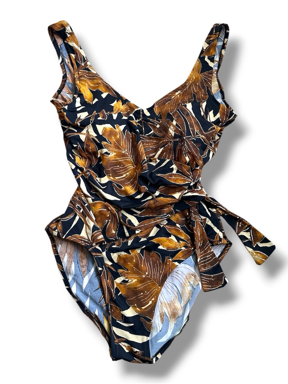 Islander Brown Black Leaf Print One-Piece Swimsuit Women’s Size 10 Summer Retro